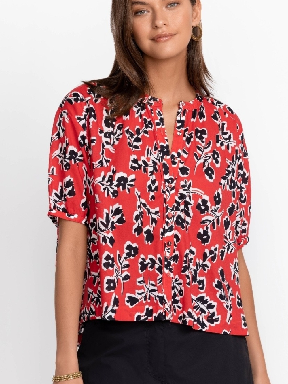 Johnny Was Calme Shirred Neck Button Down Blouse Poppy Red Garden Vines Women S